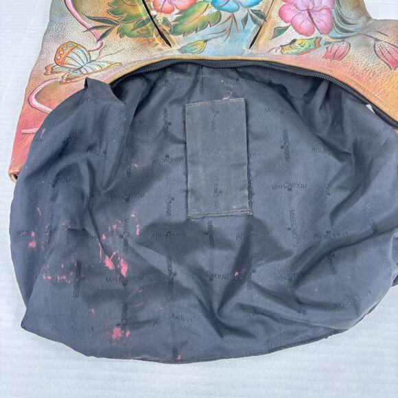 Anuschka Shoulder Bag Leather Hibiscus Flower Butterfly Hand Painted Handbag - Picture 10 of 14